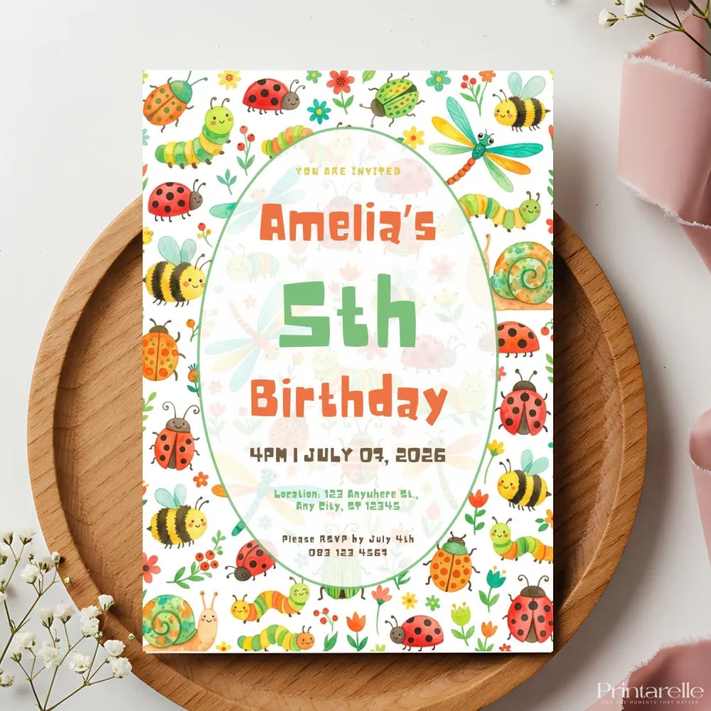 Personalised Bug & Insect Birthday Party Invitation – Watercolour Ladybirds & Bees Oval Frame - insect birthday, insect