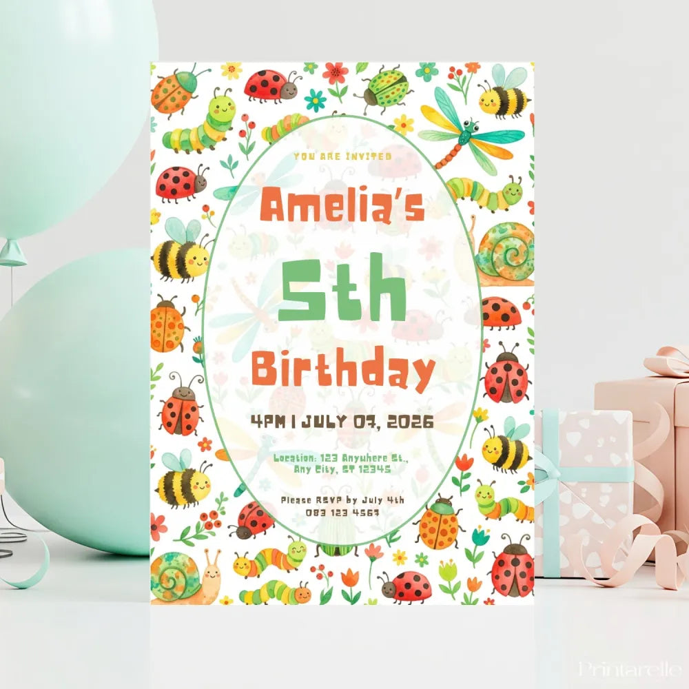 Personalised Bug & Insect Birthday Party Invitation – Watercolour Ladybirds & Bees Oval Frame - insect birthday, insect
