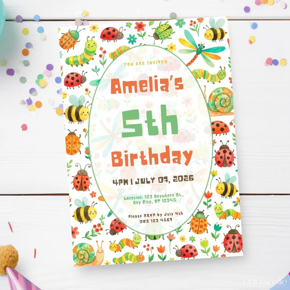 Personalised Bug & Insect Birthday Party Invitation – Watercolour Ladybirds & Bees Oval Frame - insect birthday, insect
