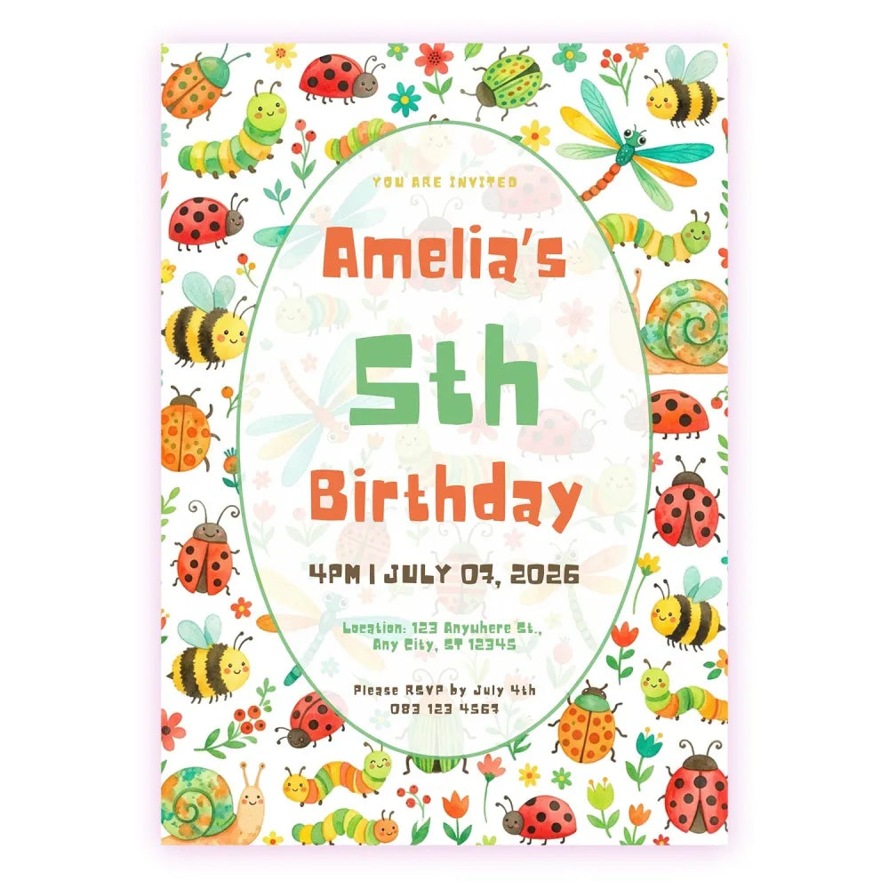 Personalised Bug & Insect Birthday Party Invitation – Watercolour Ladybirds & Bees Oval Frame - insect birthday, insect
