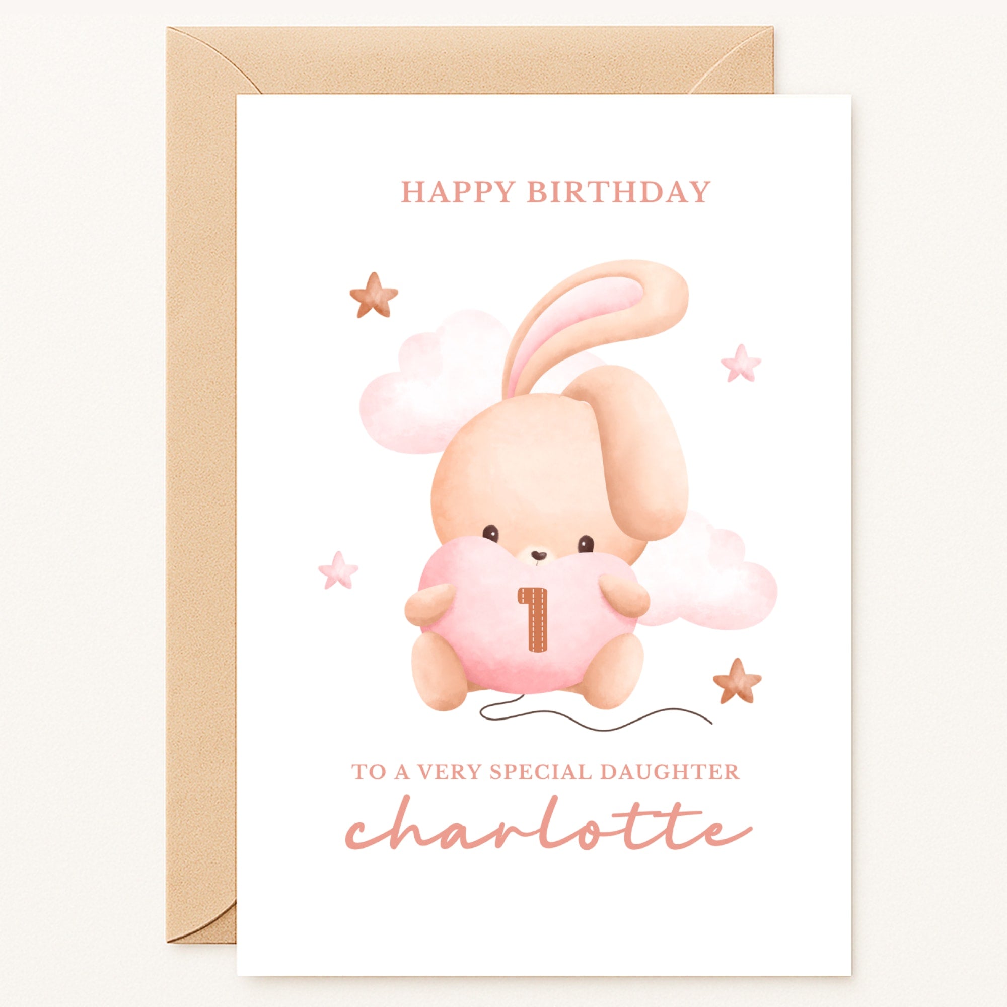 personalised 1st birthday card with bunny holding heart and clouds for baby girl