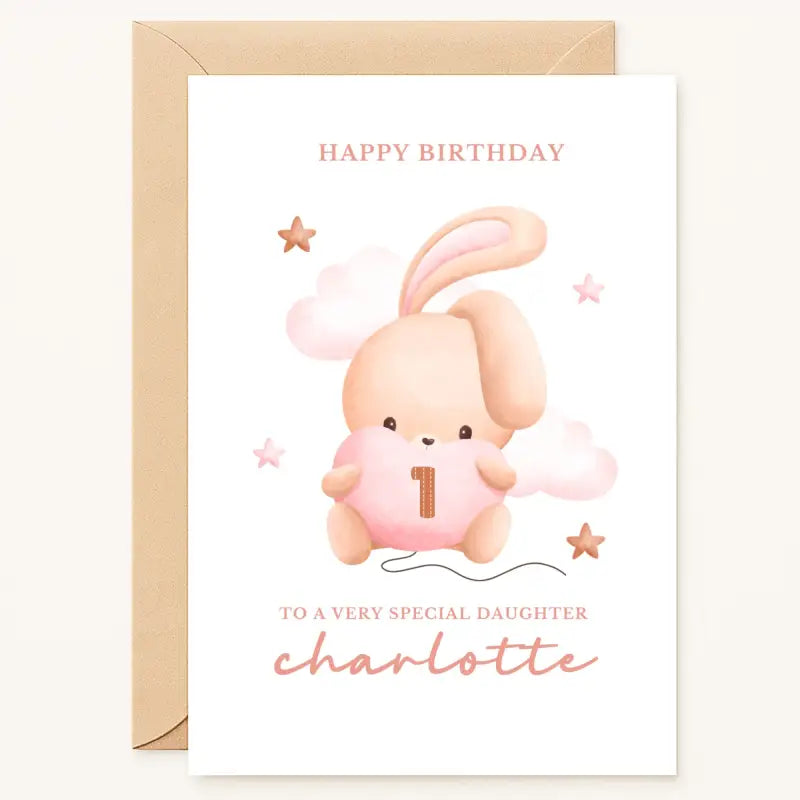 personalised 1st birthday card with bunny holding heart and clouds for baby girl