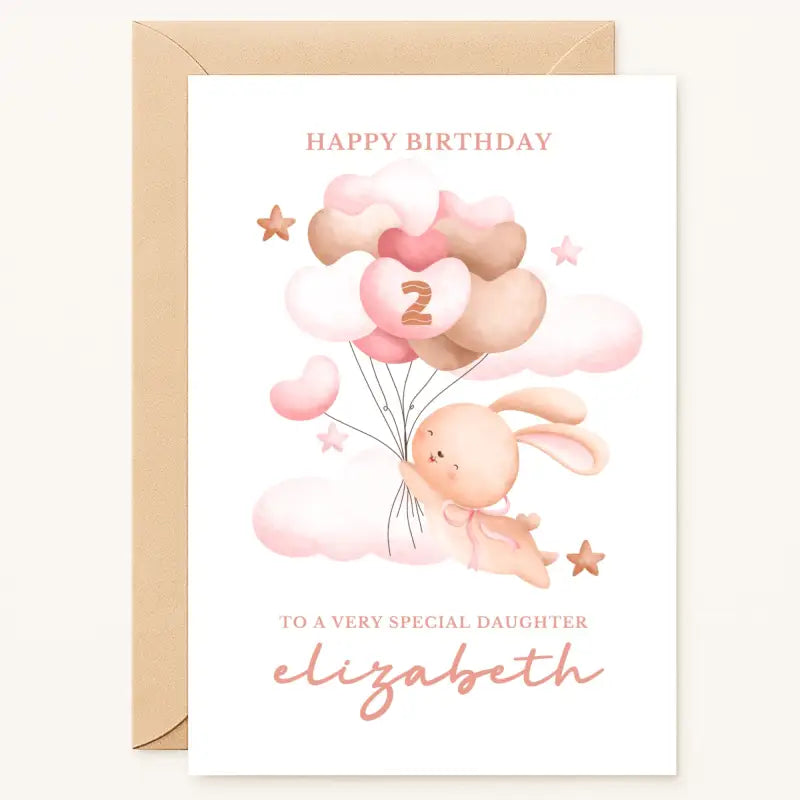personalised 2nd birthday card with name and bunny holding pink heart balloons
