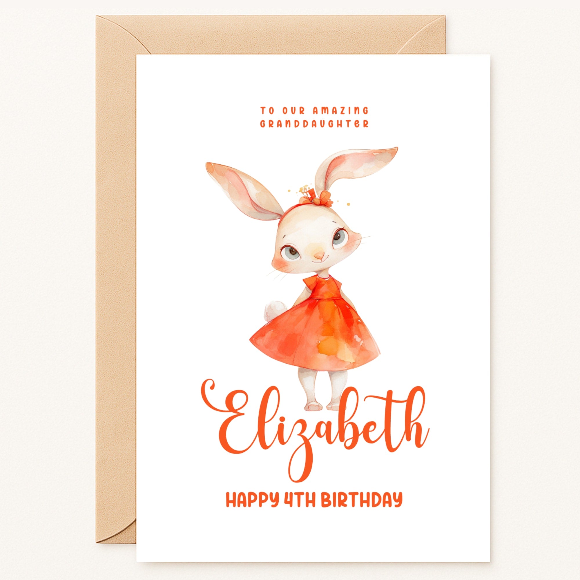 personalised 4th birthday card with bunny in red dress for granddaughter