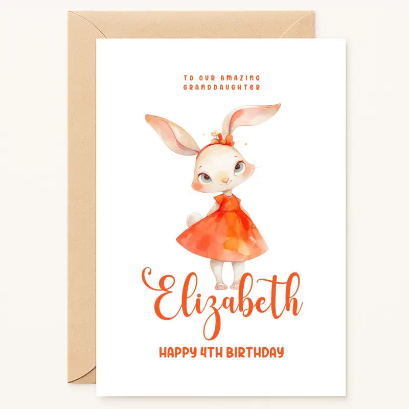 personalised 4th birthday card with bunny in red dress for granddaughter