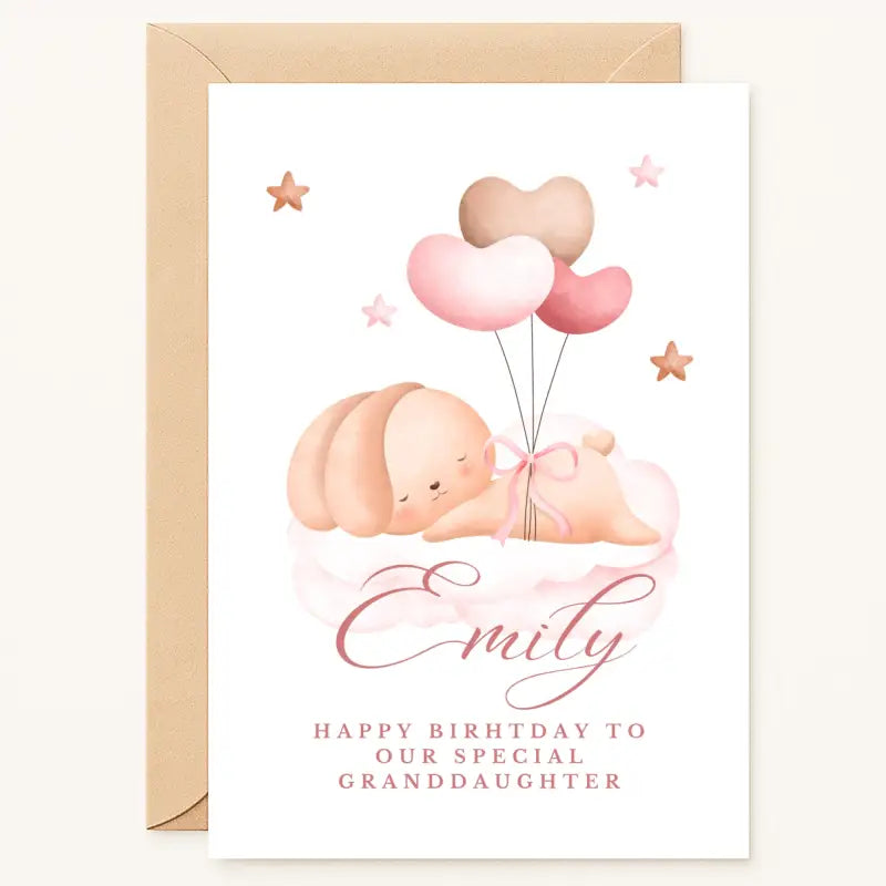 personalised bunny birthday card with pink heart balloons for granddaughter
