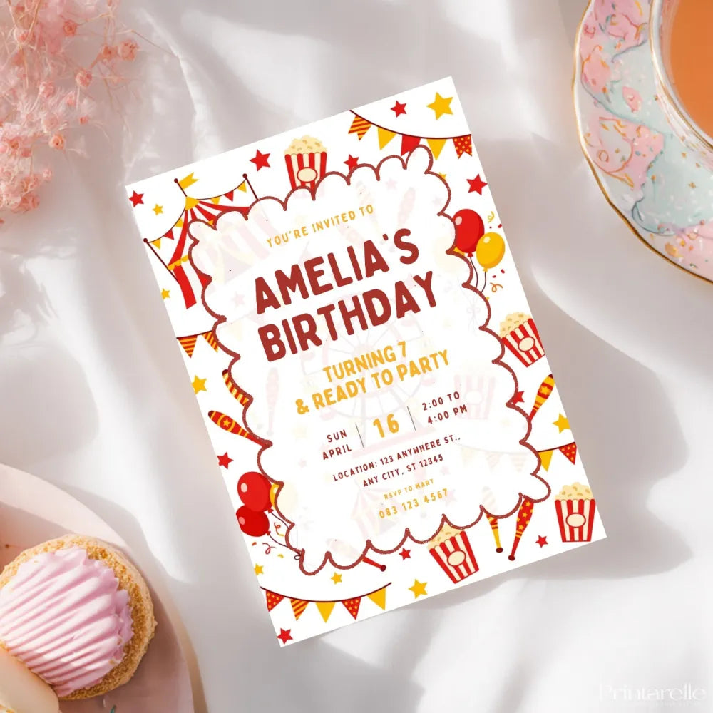 Personalised Carnival Birthday Party Invitation – Bunting Popcorn & Big Top Tent Design - carnival birthday,