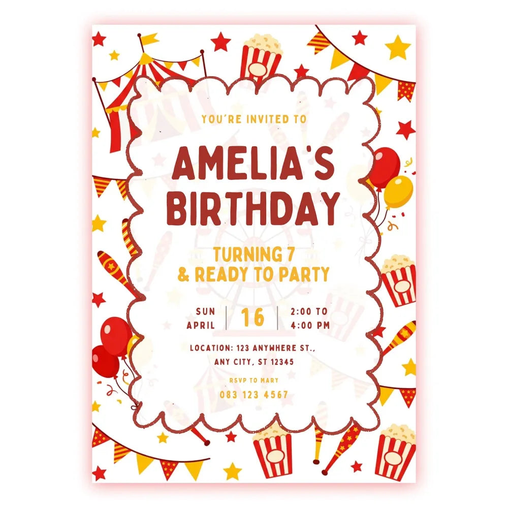 Personalised Carnival Birthday Party Invitation – Bunting Popcorn & Big Top Tent Design - carnival birthday,