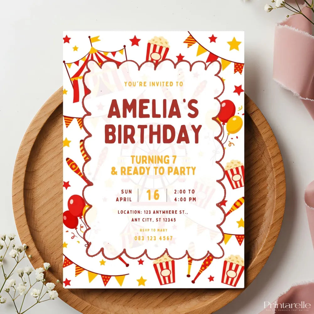 Personalised Carnival Birthday Party Invitation – Bunting Popcorn & Big Top Tent Design - carnival birthday,