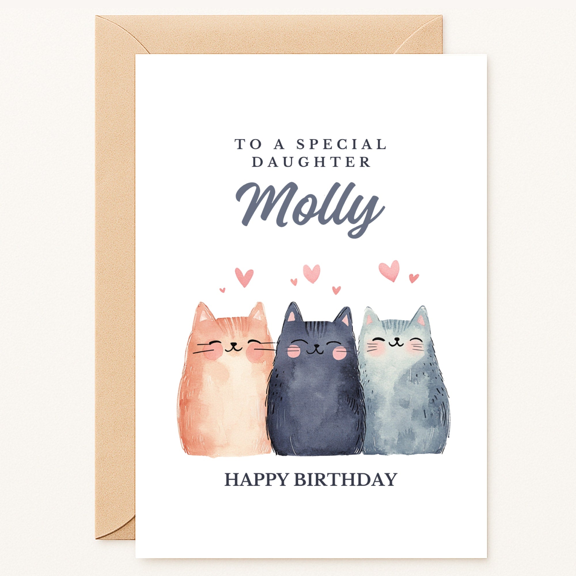 personalised cat birthday card for daughter with cute kittens and name