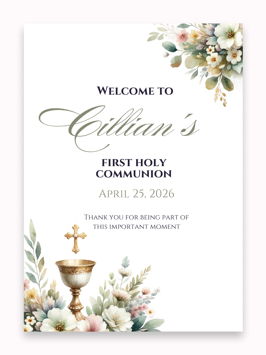 Personalised Chalice & Corner Florals First Holy Communion Welcome Sign - Party Decor - Printarelle