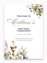 Personalised Chalice & Corner Florals First Holy Communion Welcome Sign - Party Decor - Printarelle