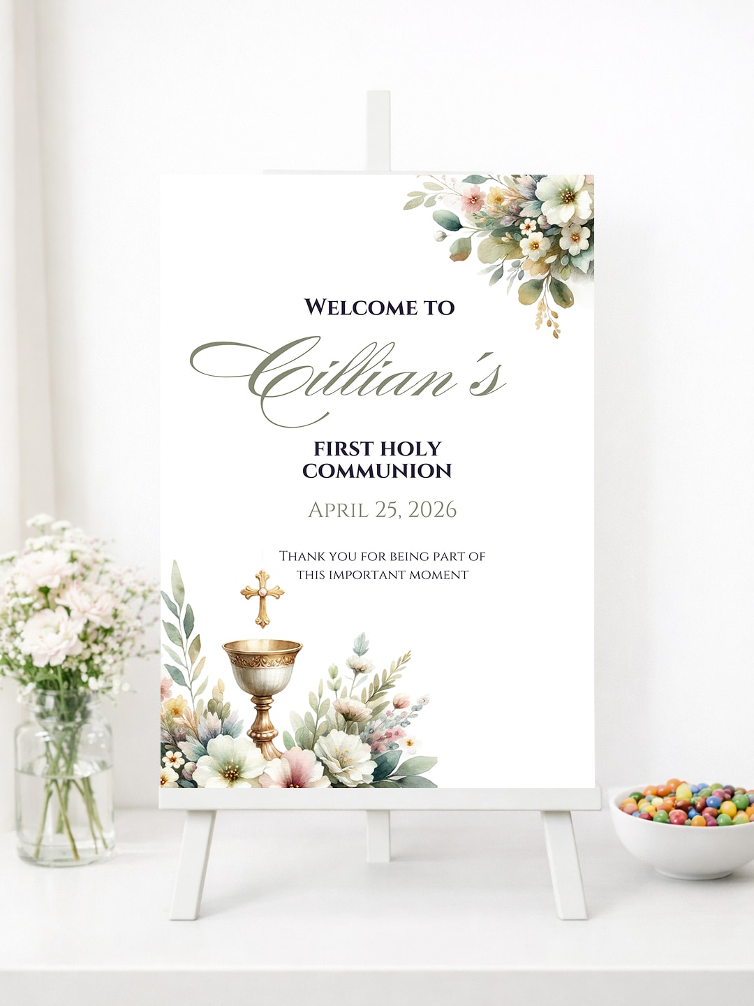 Personalised Chalice & Corner Florals First Holy Communion Welcome Sign - Party Decor - Printarelle
