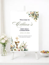 Personalised Chalice & Corner Florals First Holy Communion Welcome Sign - Party Decor - Printarelle