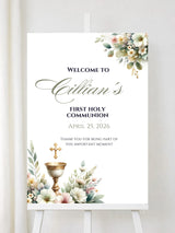 Personalised Chalice & Corner Florals First Holy Communion Welcome Sign - Party Decor - Printarelle