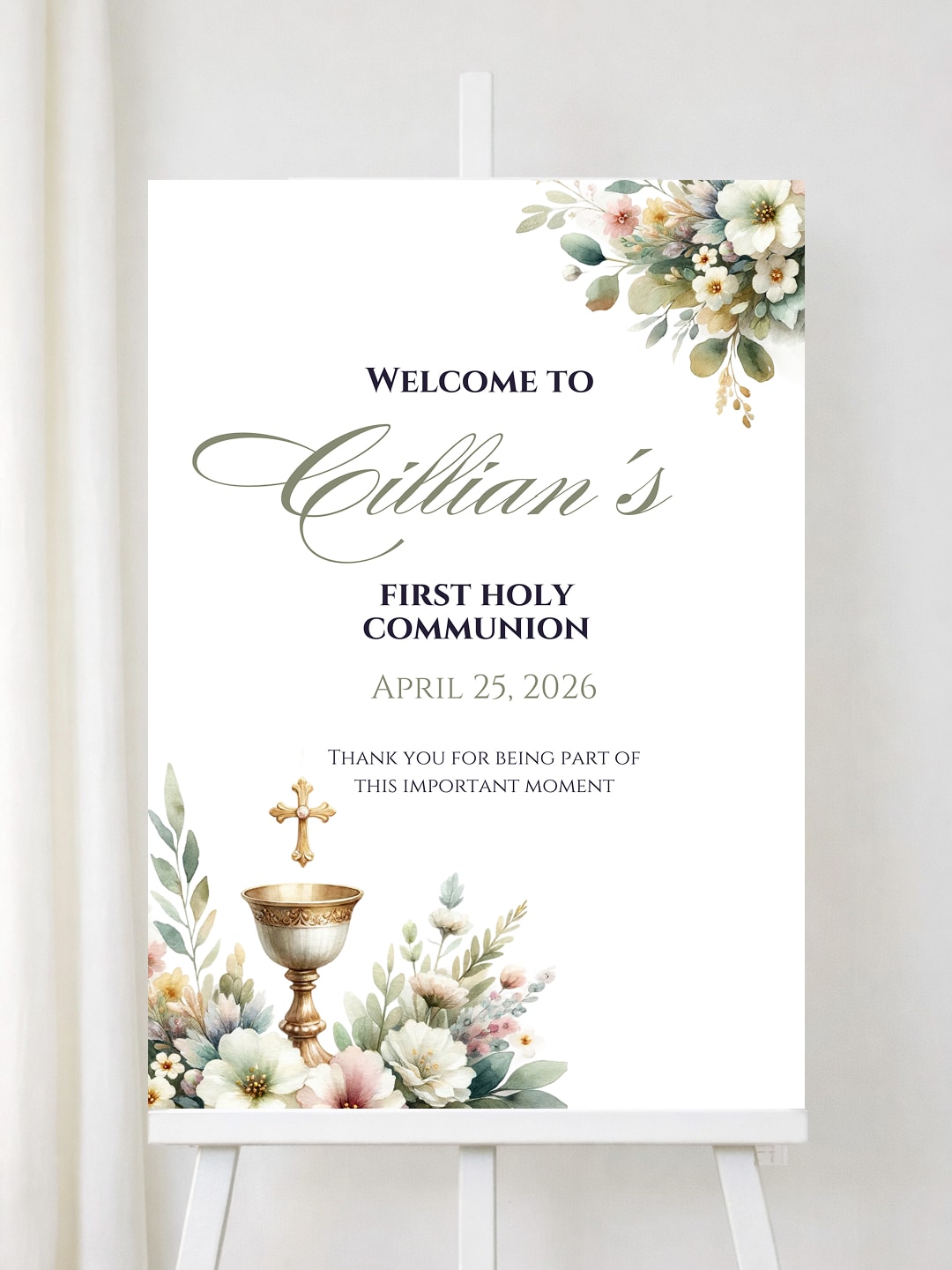 Personalised Chalice & Corner Florals First Holy Communion Welcome Sign - Party Decor - Printarelle