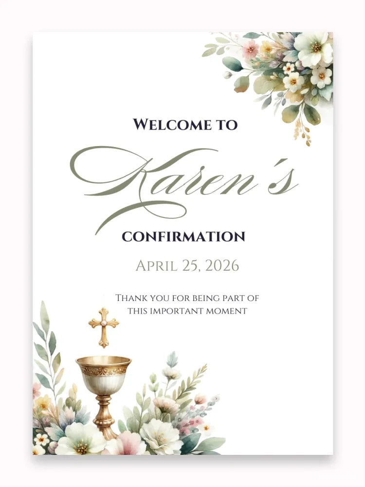 Personalised Chalice & Flowers Confirmation Welcome Sign - Party Decor - Printarelle