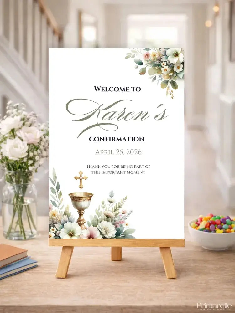 personalised confirmation welcome sign chalice floral design party decor printarelle
