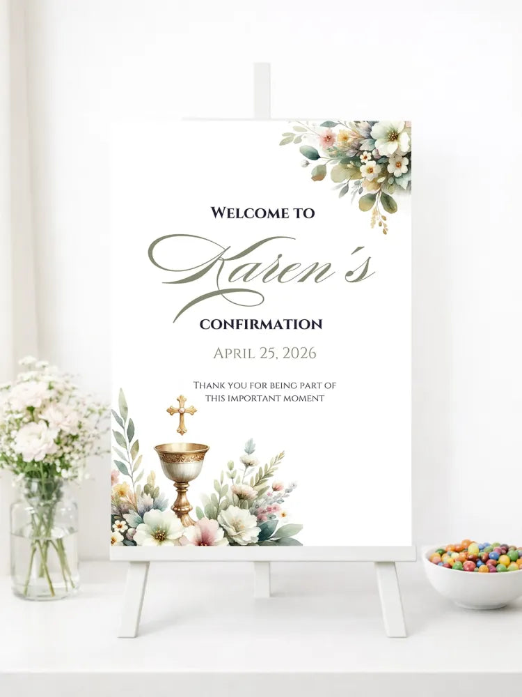 Personalised Chalice & Flowers Confirmation Welcome Sign - Party Decor - Printarelle