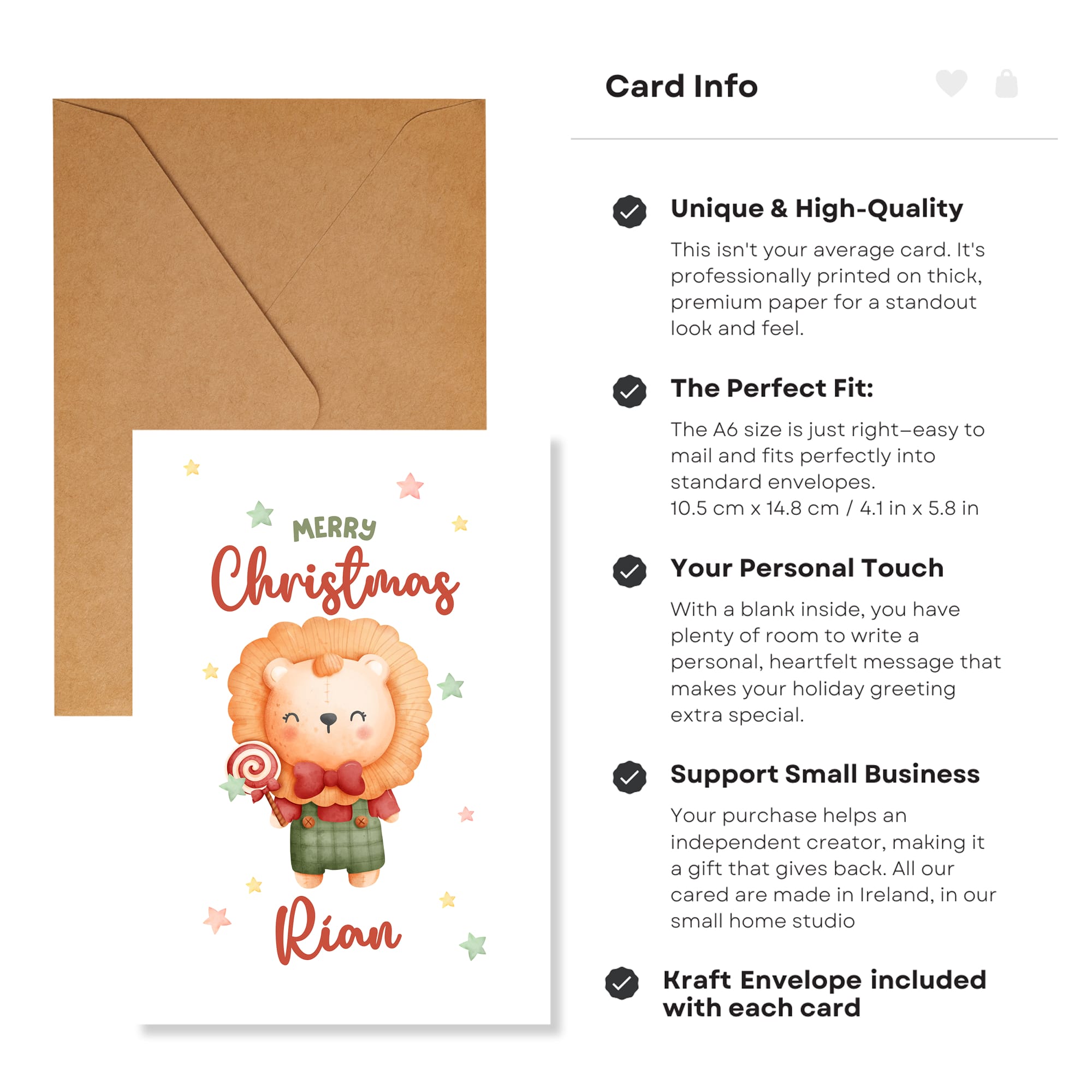 Christmas card with a lion holding a candy cane and a brown envelope, featuring text about card quality and features.