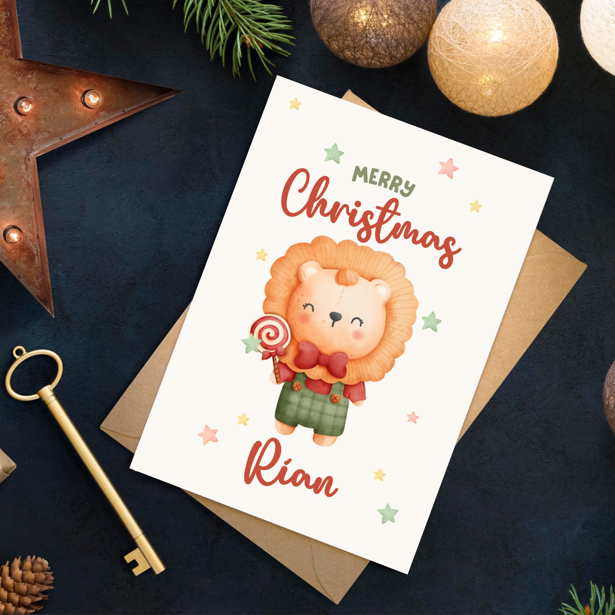 Christmas card with a lion holding a candy cane on a dark surface with festive decorations.