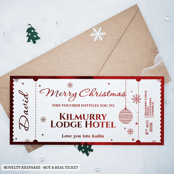 Personalised christmas foil ticket in red and white with festive snowflakes and ornaments in shimmering foil finish