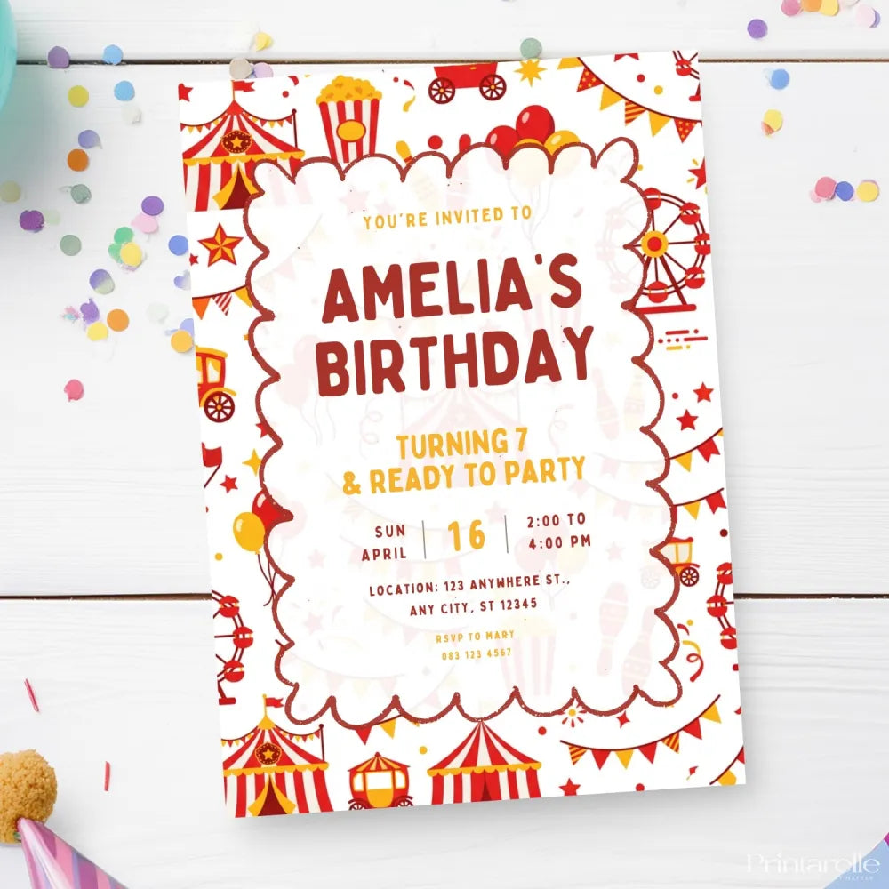 Personalised Circus Birthday Party Invitation – Big Top Ferris Wheel & Funfair Design - circus birthday, ferris wheel,