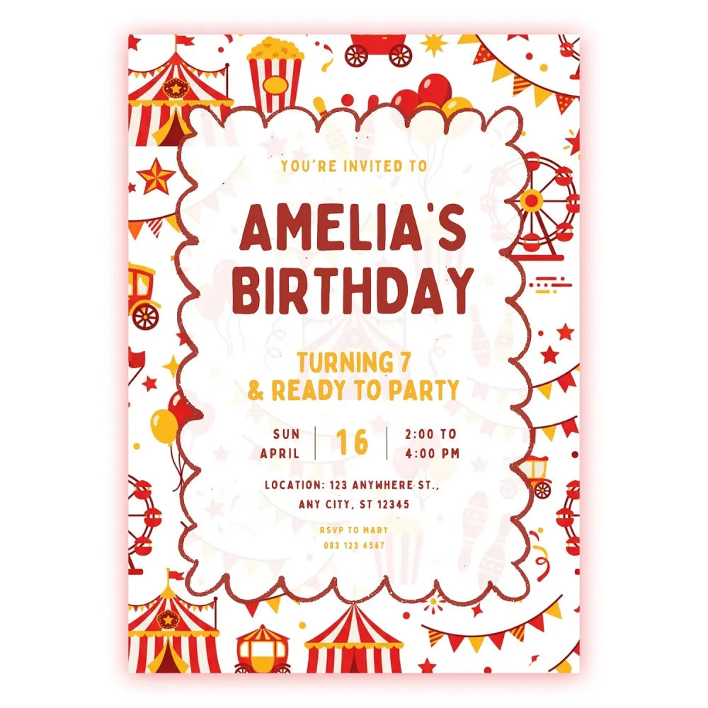 Personalised Circus Birthday Party Invitation – Big Top Ferris Wheel & Funfair Design - circus birthday, ferris wheel,