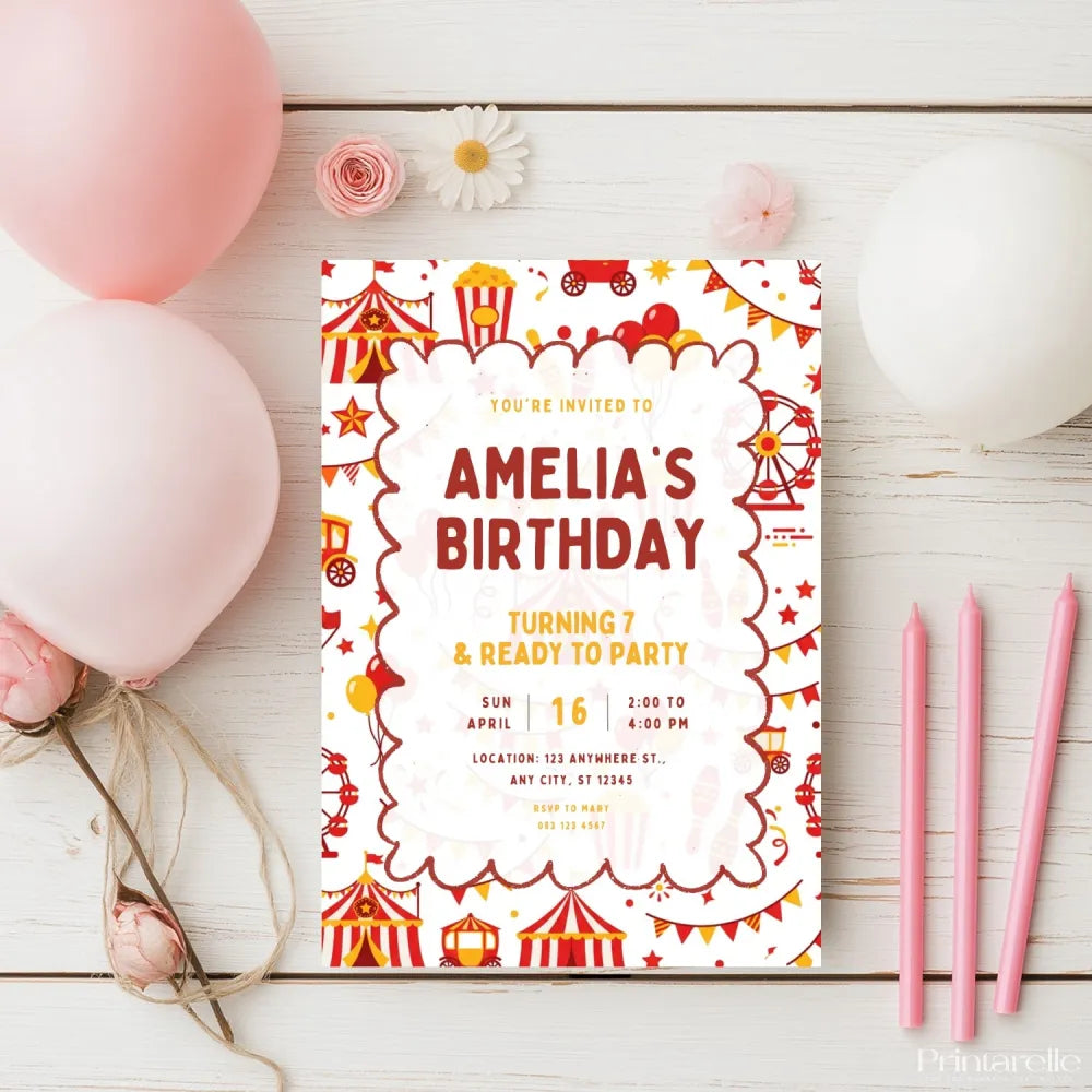 Personalised Circus Birthday Party Invitation – Big Top Ferris Wheel & Funfair Design - circus birthday, ferris wheel,