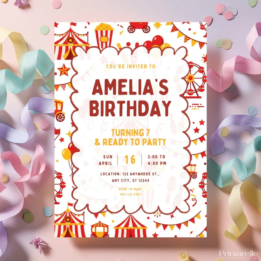 Personalised Circus Birthday Party Invitation – Big Top Ferris Wheel & Funfair Design - circus birthday, ferris wheel,