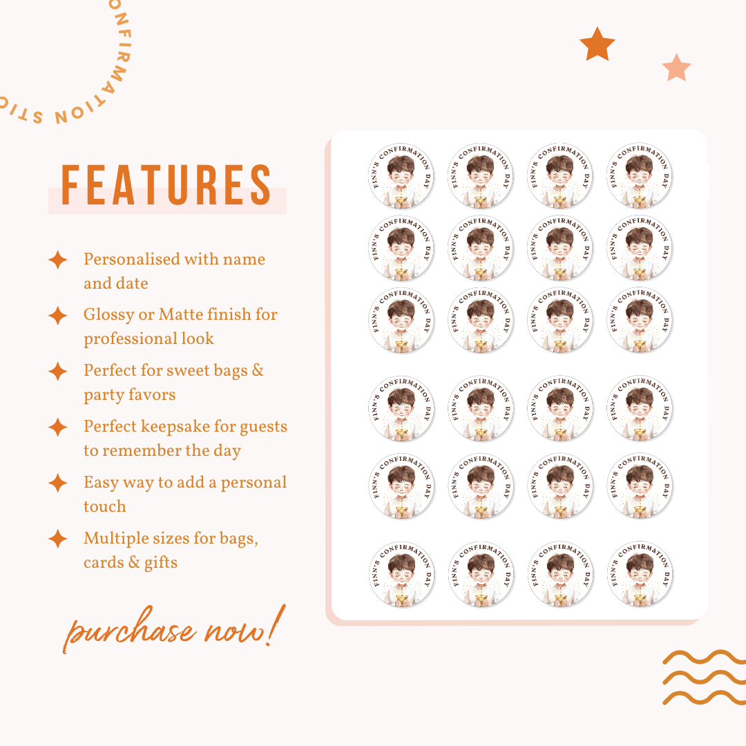 Personalised Confirmation Stickers - Boy with Chalice - Stickers - Printarelle