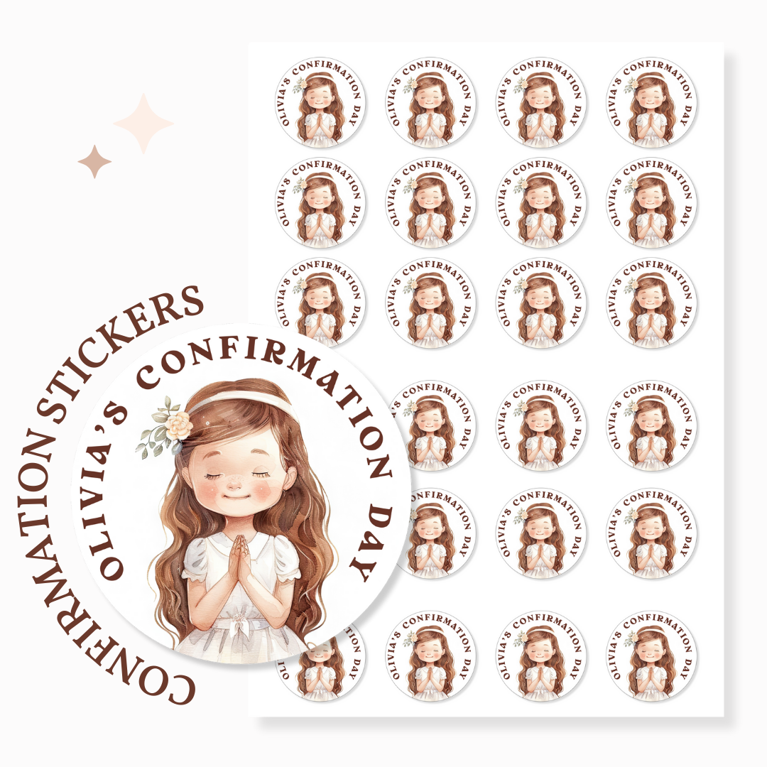 Personalised Confirmation Stickers - Brown Hair Girl with Floral Crown - Stickers - Printarelle