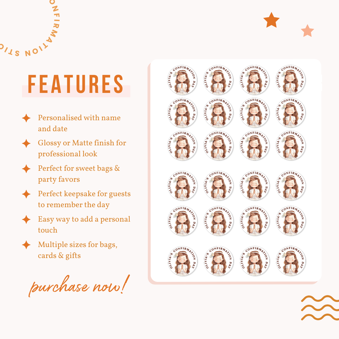 Personalised Confirmation Stickers - Brown Hair Girl with Floral Crown - Stickers - Printarelle