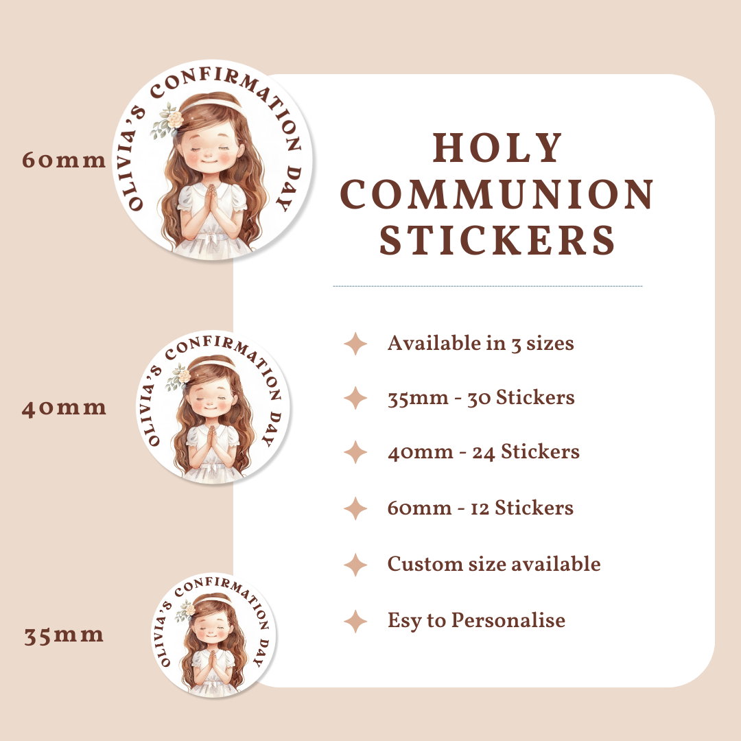 Personalised Confirmation Stickers - Brown Hair Girl with Floral Crown - Stickers - Printarelle