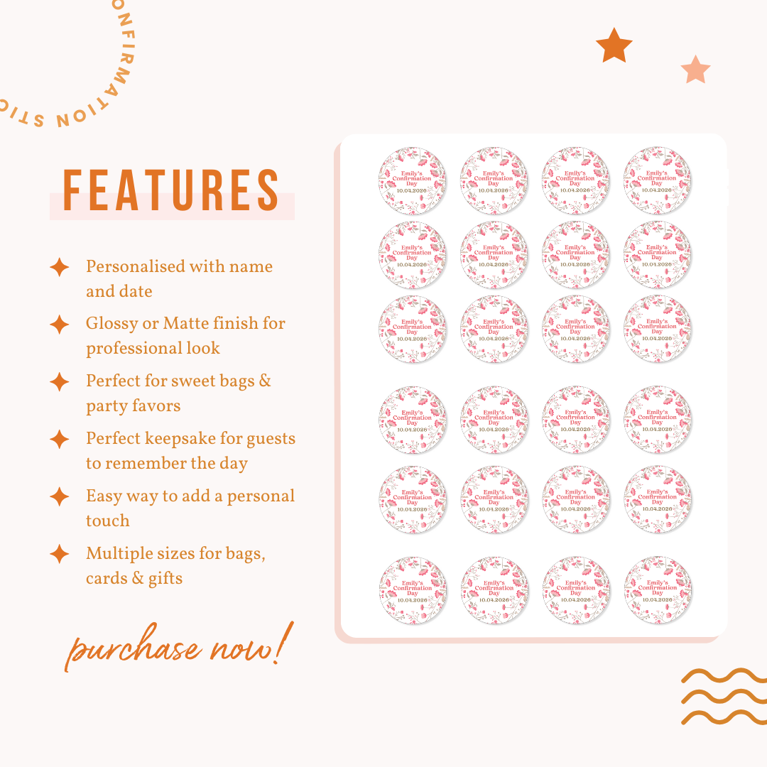 Personalised Confirmation Stickers - Floral - Stickers - Printarelle