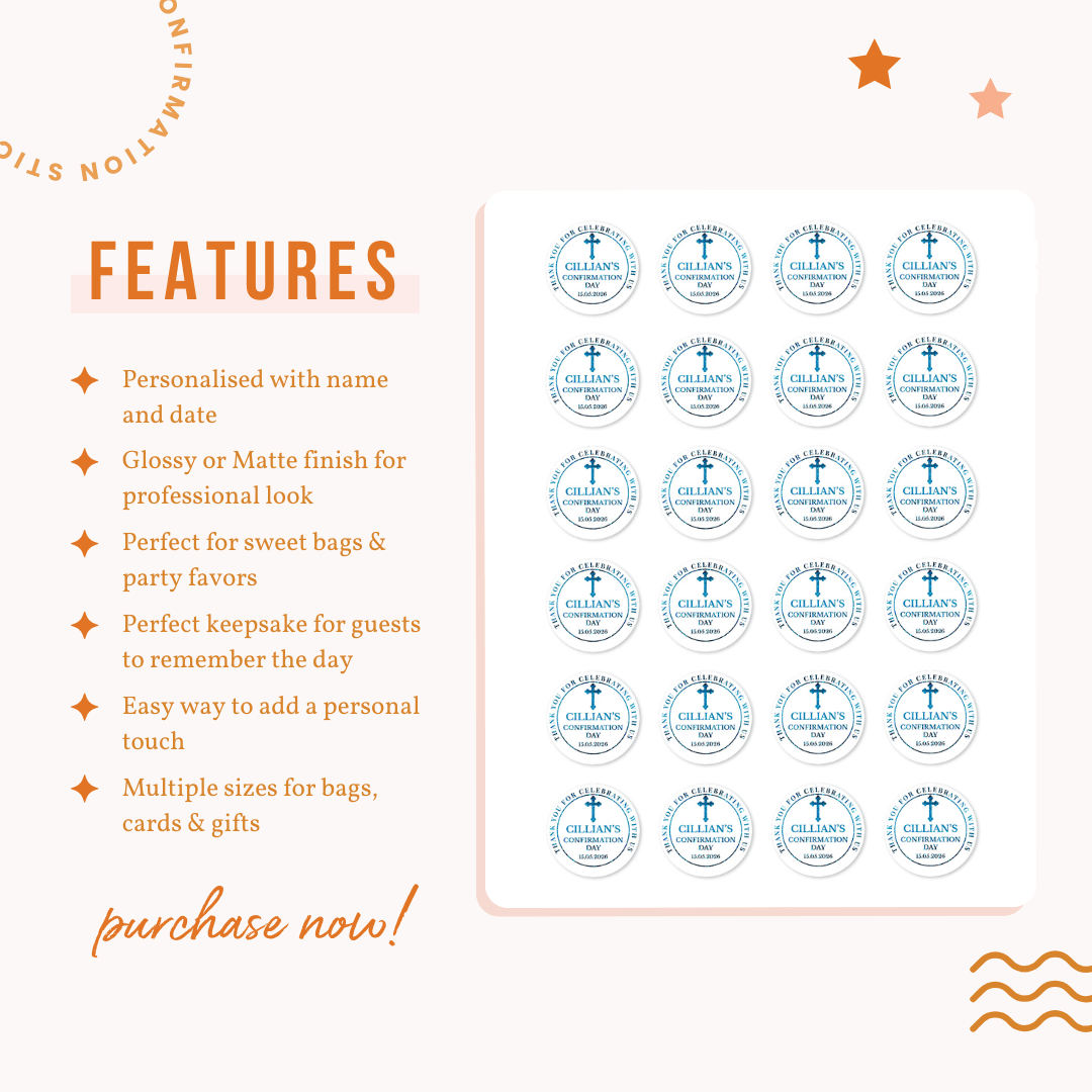 Personalised Confirmation Stickers for Boys | Thank You Favours - Stickers - Printarelle