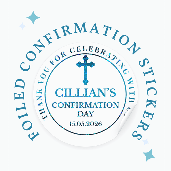 A circular white foil personalised confirmation sticker with teal glittery cross design for boys communion stickers