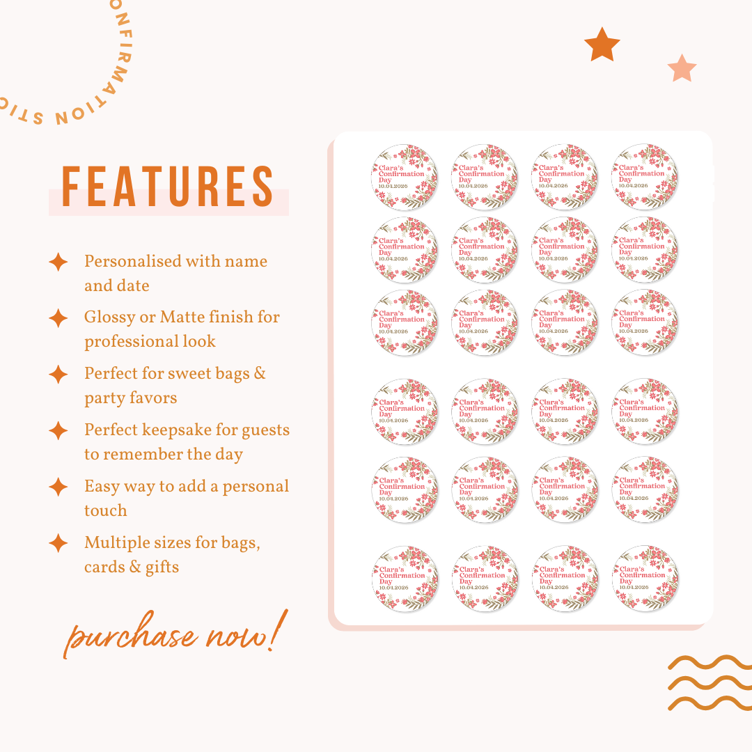Personalised Confirmation Stickers - Pink Floral - Stickers - Printarelle
