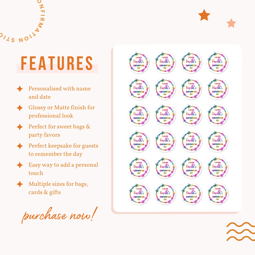 Confirmation Code Stickers Rainbow Confirmation Stickers | Personalised | Ireland | Printarelle