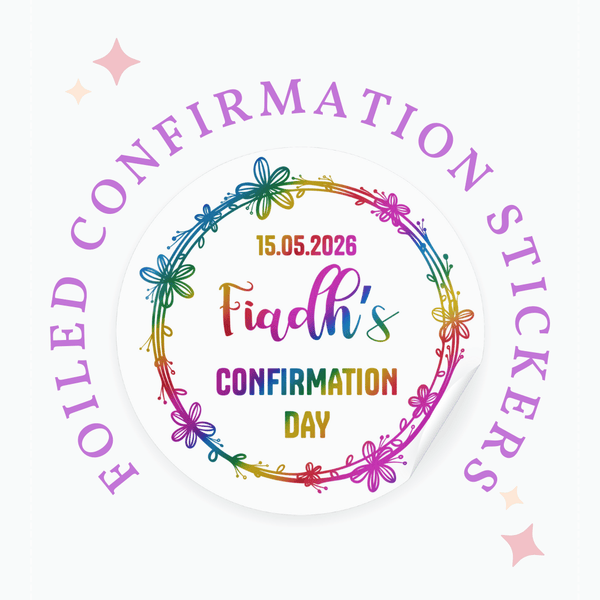 Personalised confirmation stickers with rainbow floral wreath and colorful foil lettering for communion cards
