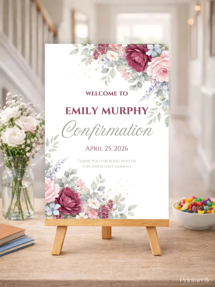Personalised Corner Floral Confirmation Welcome Sign - Party Decor - Printarelle