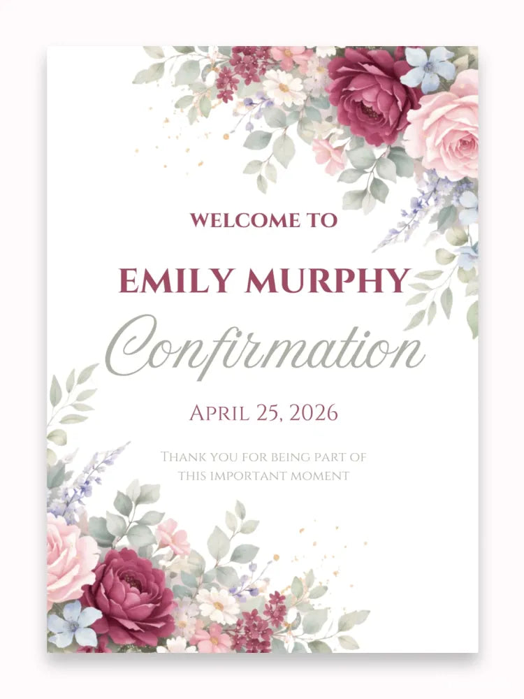 Personalised Corner Floral Confirmation Welcome Sign - Party Decor - Printarelle