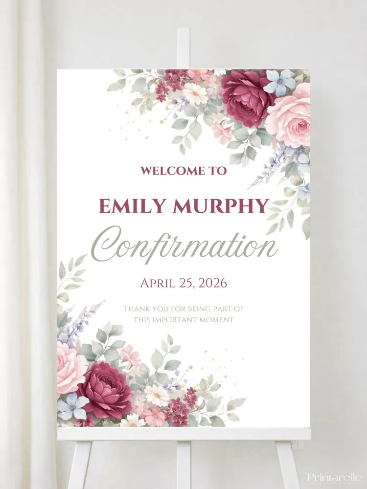 Personalised Corner Floral Confirmation Welcome Sign - Party Decor - Printarelle
