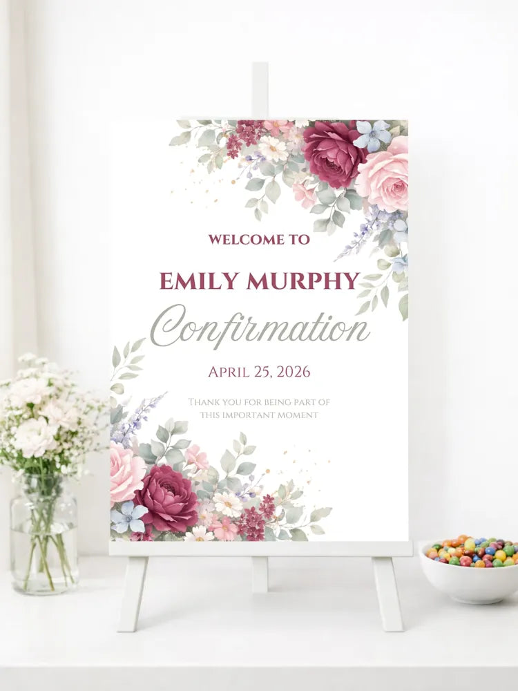Personalised Corner Floral Confirmation Welcome Sign - Party Decor - Printarelle
