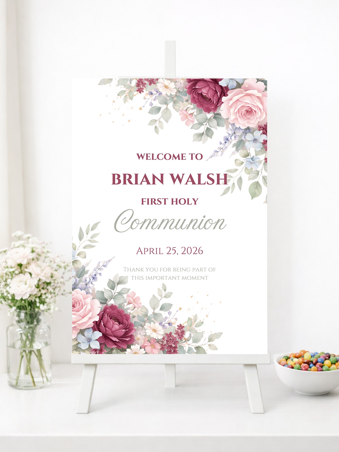 Personalised Corner Roses First Holy Communion Welcome Sign - Party Decor - Printarelle