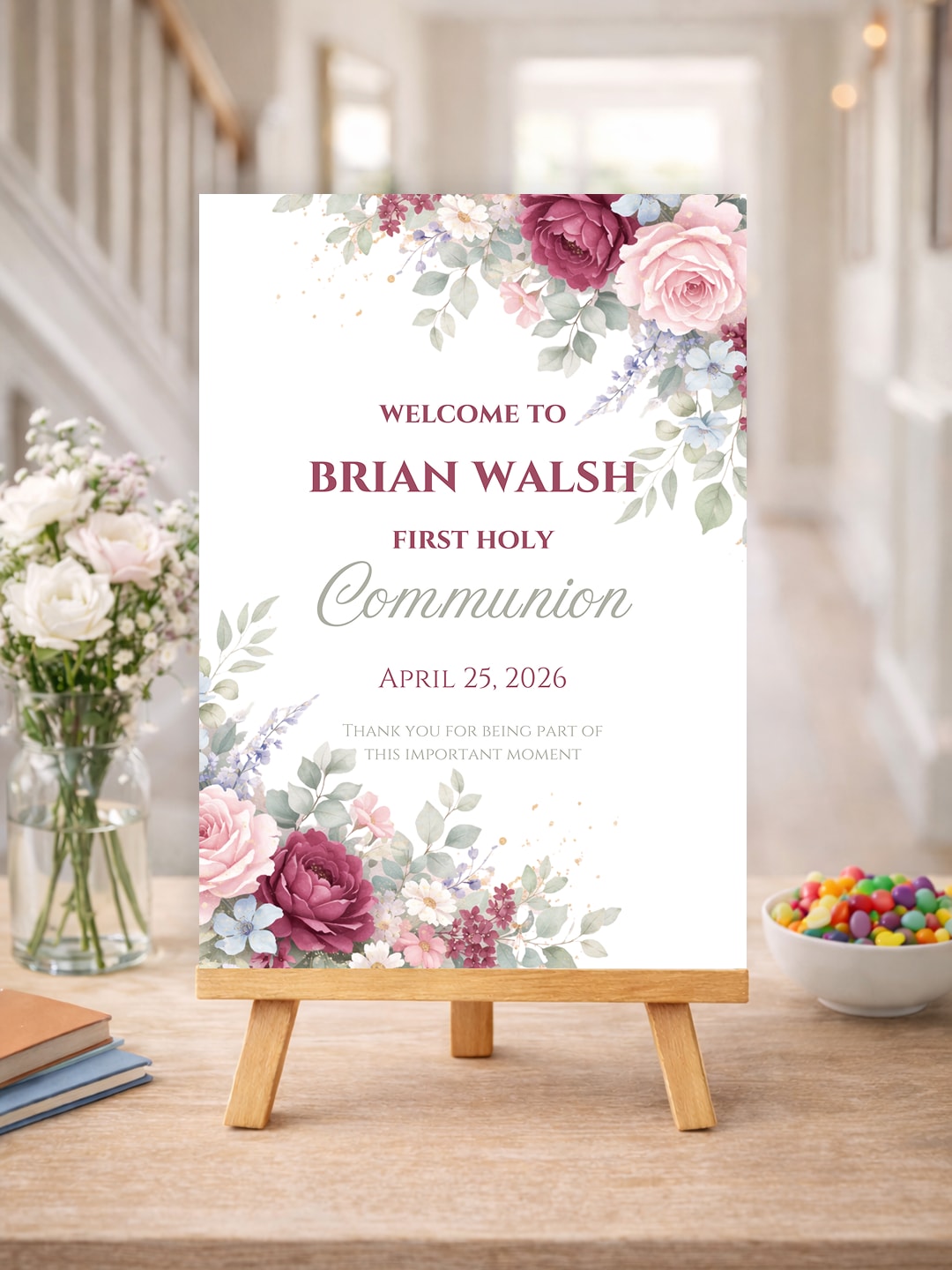 Personalised Corner Roses First Holy Communion Welcome Sign - Party Decor - Printarelle