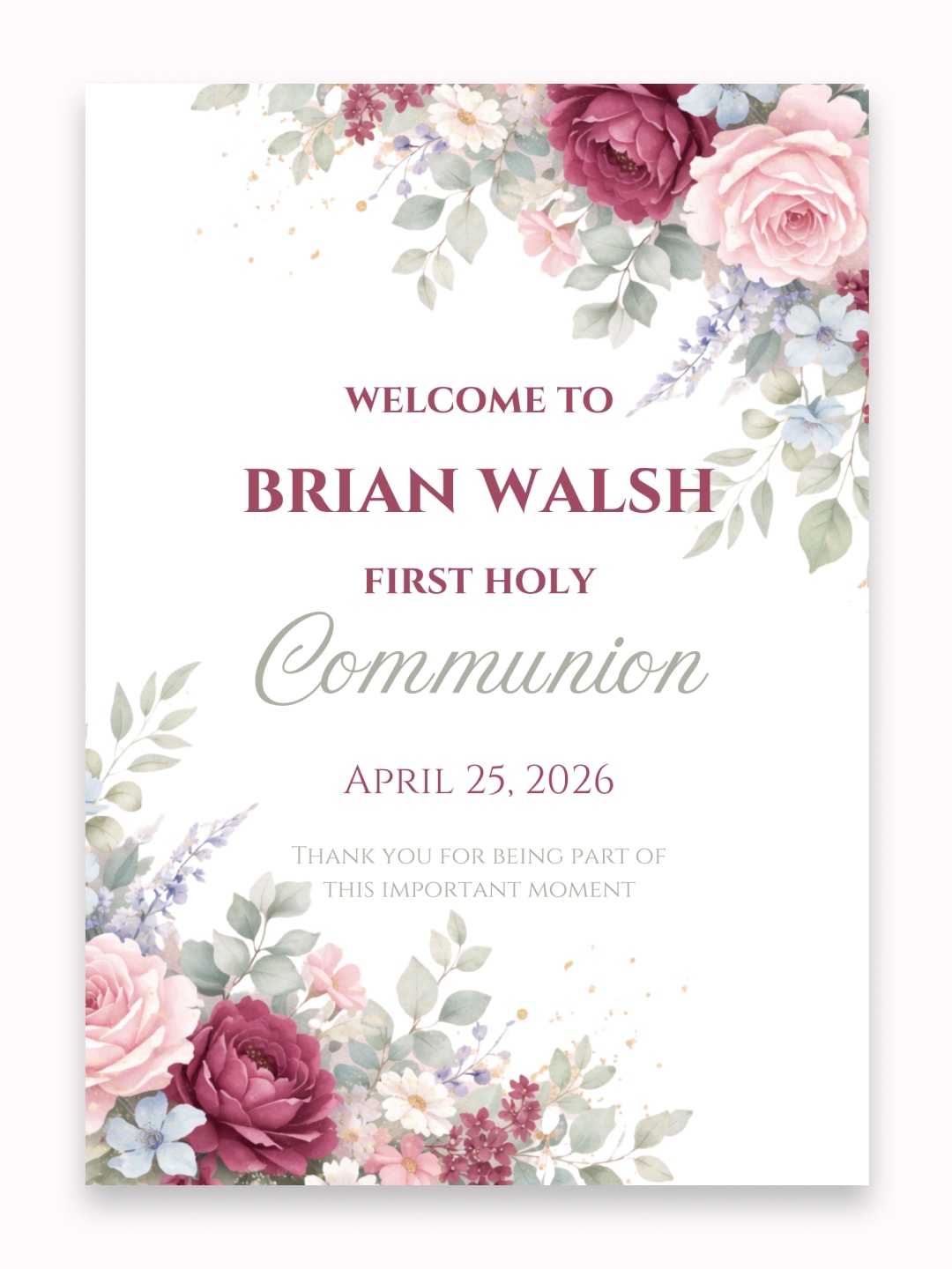 Personalised Corner Roses First Holy Communion Welcome Sign - Party Decor - Printarelle