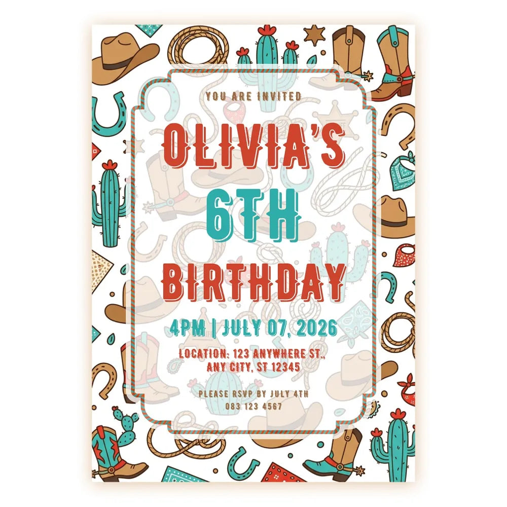 Personalised Cowboy Birthday Party Invitation – Illustrated Western Hats Boots & Cactus Design - birthday party, cowboy