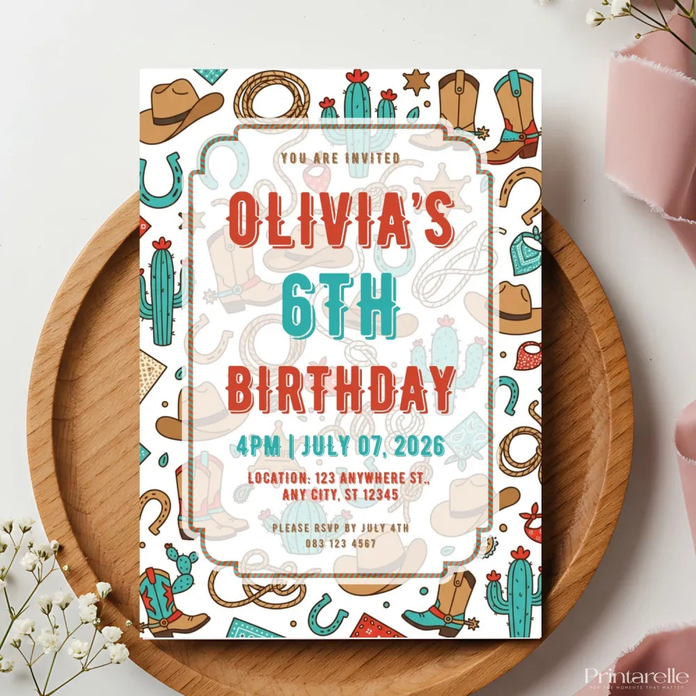 Personalised Cowboy Birthday Party Invitation – Illustrated Western Hats Boots & Cactus Design - birthday party, cowboy