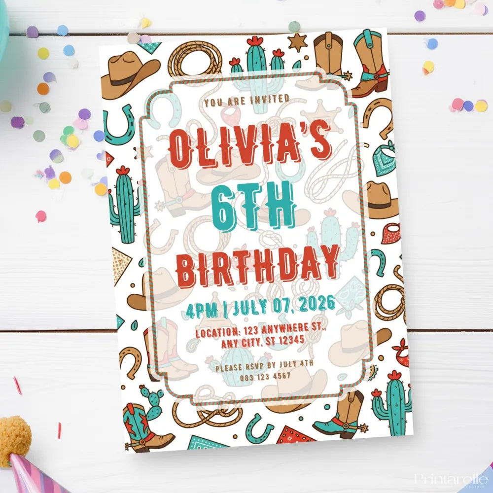 Personalised Cowboy Birthday Party Invitation – Illustrated Western Hats Boots & Cactus Design - birthday party, cowboy